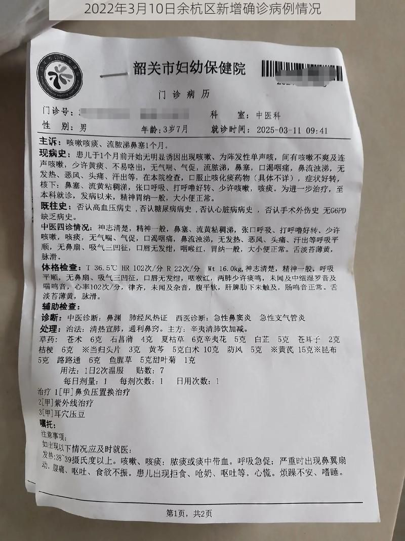 2022年3月10日余杭区新增确诊病例情况