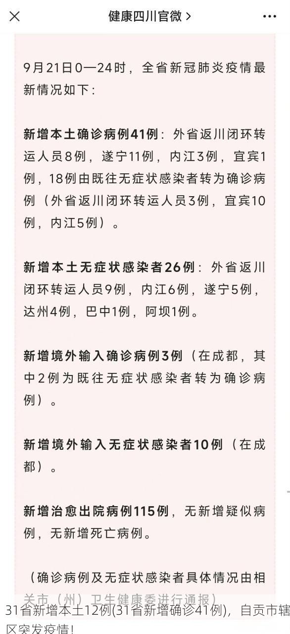 31省新增本土12例(31省新增确诊41例),自贡市辖区突发疫情!