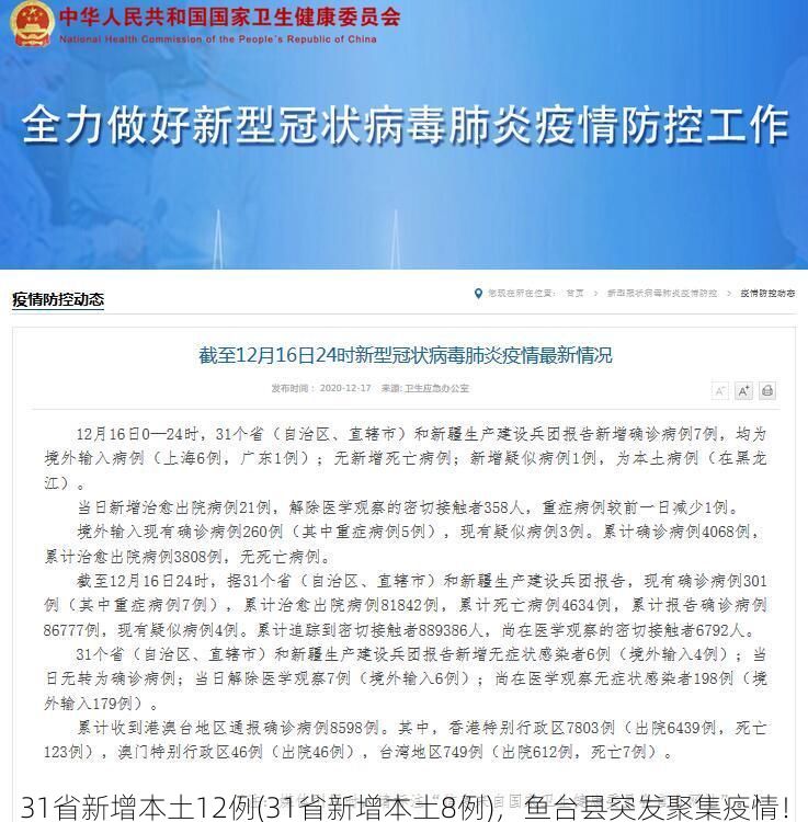 31省新增本土12例(31省新增本土8例)，鱼台县突发聚集疫情！